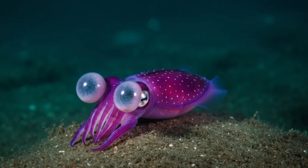 O caracatiță purpurie mică cu ochi mari, bulbucați, pe fundul oceanului.