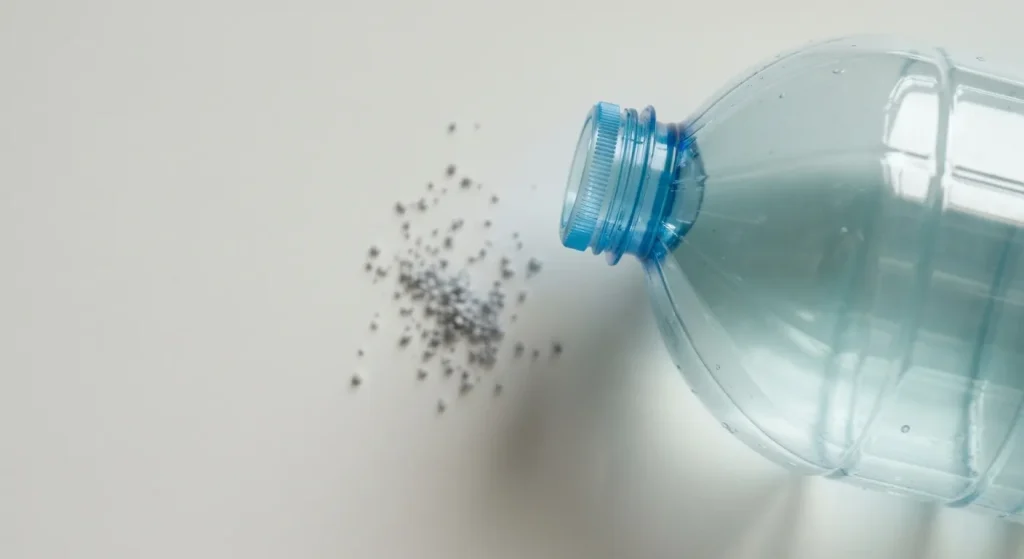 Un pahar de apă îmbuteliată lângă o grămadă de particule minuscule de plastic.
