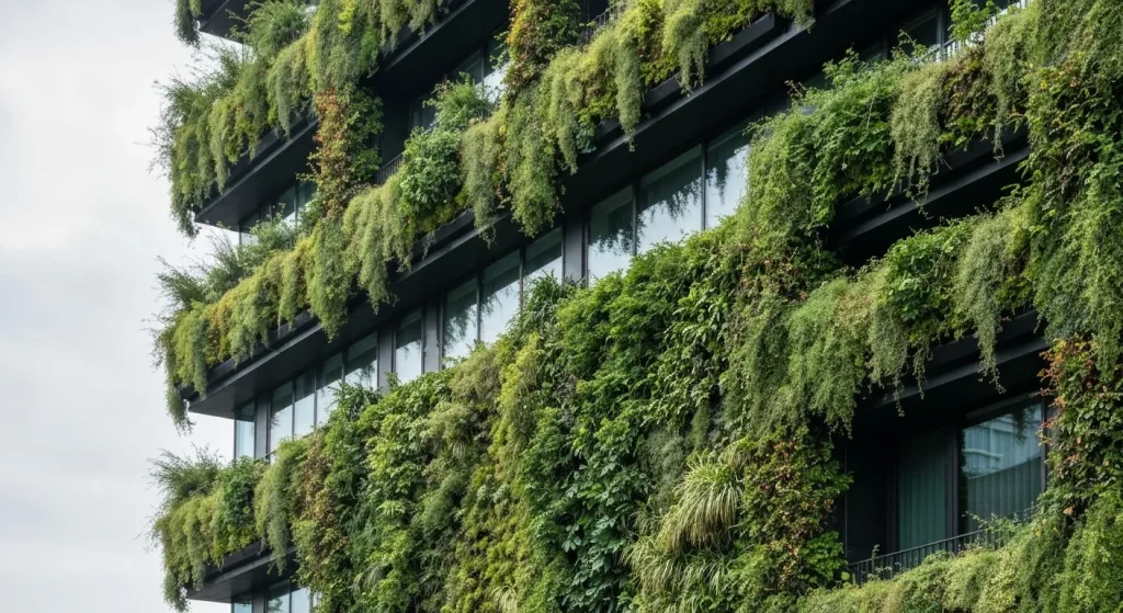 Un perete verde luxuriant, cu plante diverse, acoperă fațada unei clădiri.