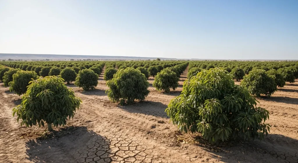 O plantație vastă de avocado pe un teren arid, cu sol crăpat și copaci verzi.