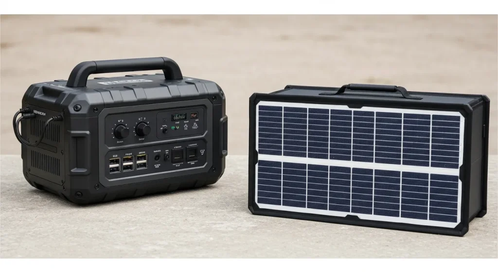 O stație de alimentare portabilă robustă cu un panou solar integrat și o servietă solară pliabilă.