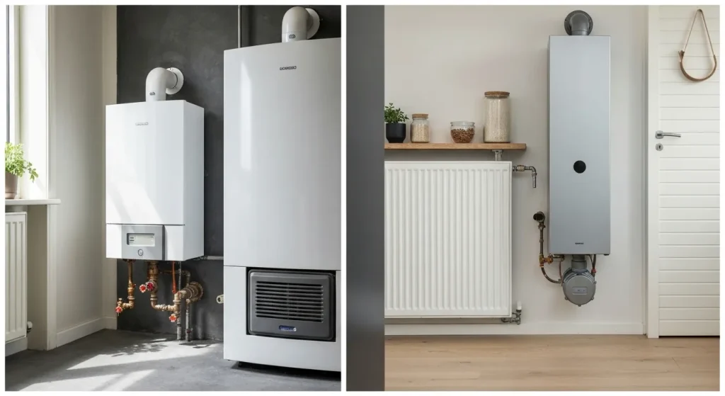 O casă olandeză cu o centrală termică pe gaz natural, alături de o imagine a unei tehnologii de încălzire alternativă, ecologică.