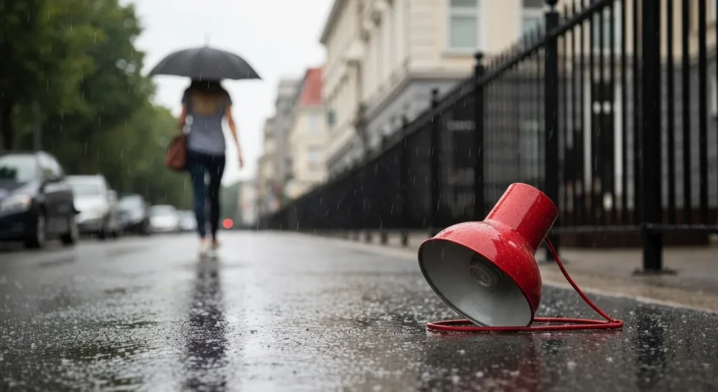 O lampă roșie veche, abandonată pe o stradă udă de ploaie.