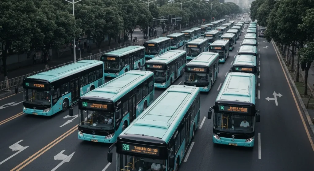 O flotă mare de autobuze electrice circulând pe o stradă aglomerată dintr-un oraș.