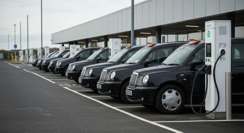 Taxiuri electrice negre noi la o stație de încărcare rapidă într-un oraș britanic.