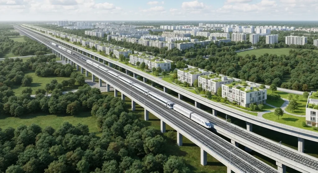 Reprezentarea arhitecturală a unui oraș liniar multi-etajat, cu un sistem de transport în subteran și spații de locuit și comerciale deasupra.