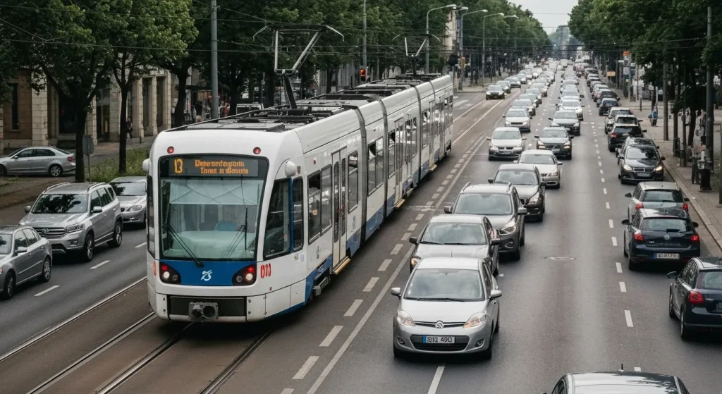 Un sistem modern de transport public, aproape gol, pe o stradă aglomerată de mașini.