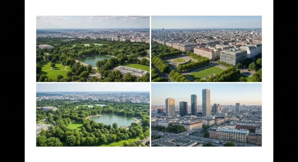 O comparație a spațiilor verzi (parcuri) din diferite orașe mari, evidențiind contrastul dintre orașe cu mult spațiu verde și orașe cu puțin spațiu verde.