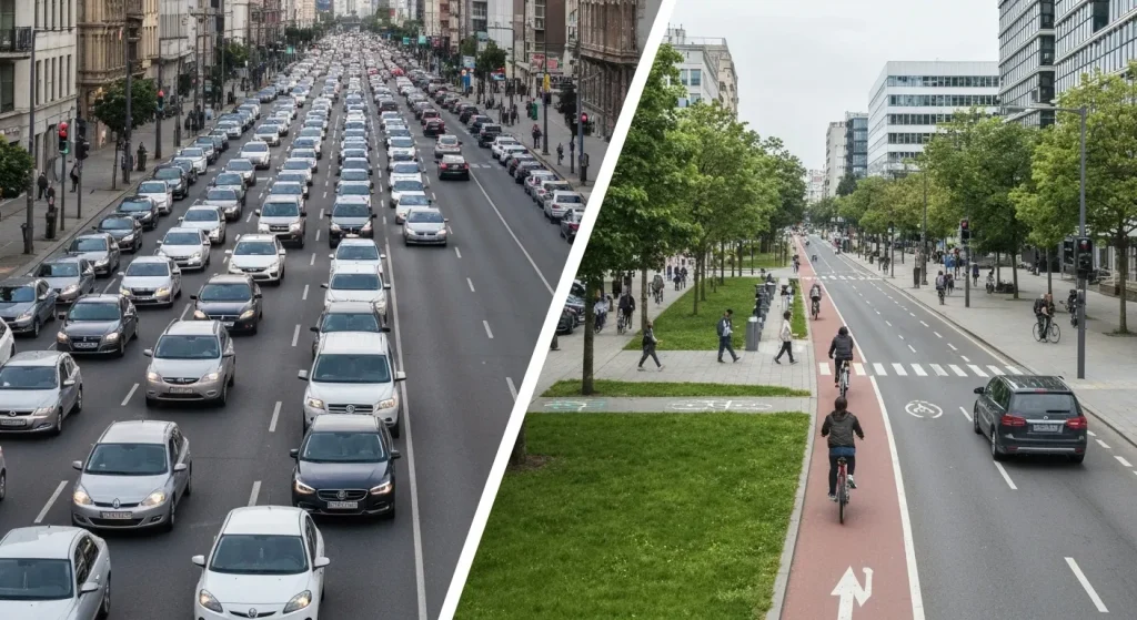 O stradă aglomerată cu mașini contrastează cu o zonă pietonală cu piste pentru biciclete și transport public.