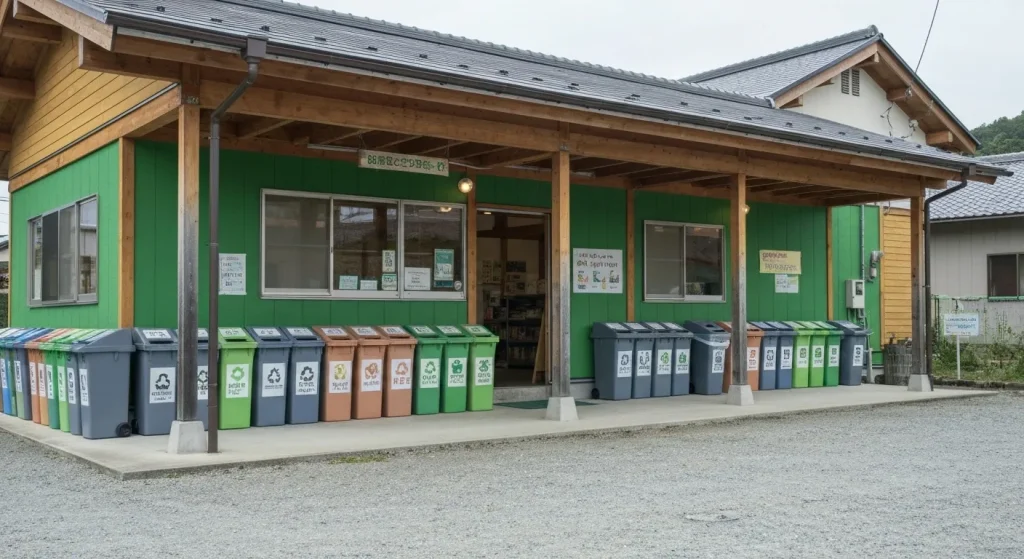 Stația de colectare a deșeurilor Hibigaya din Kamikatsu, Japonia, cu numeroase containere de reciclare etichetate.