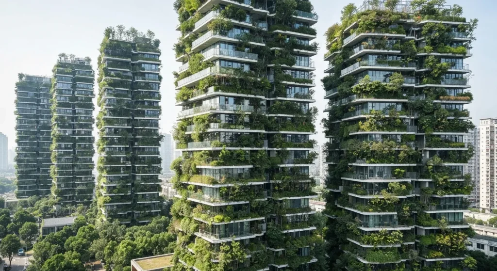 Clădiri înalte acoperite cu vegetație luxuriantă, într-un oraș modern.