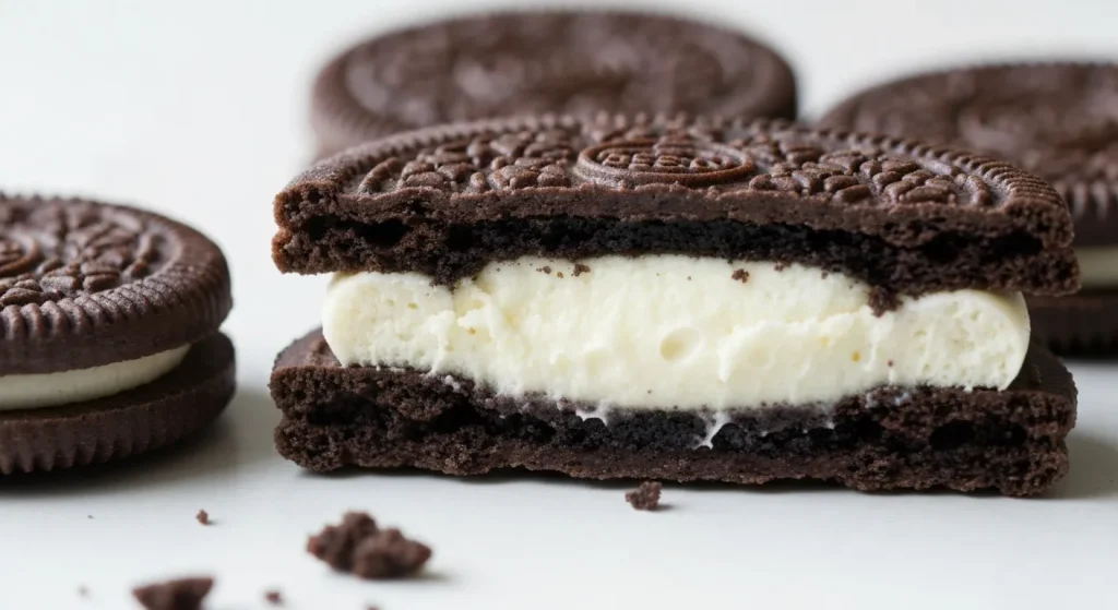 Un biscuit Oreo clasic, spart în două, arătând crema de la interior.