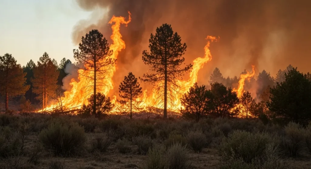 Un incendiu de pădure aprins de un fulger, care se răspândește rapid prin vegetație uscată.