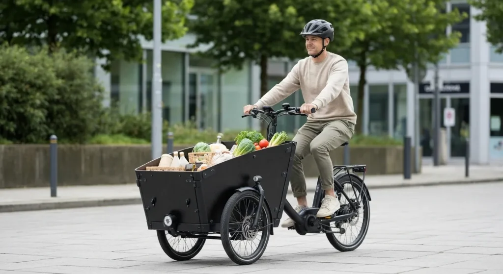 O persoană care conduce o bicicletă electrică de transport marfă într-un mediu urban.