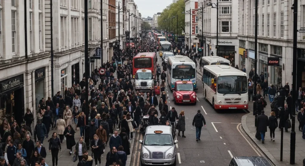Imagine cu mulțimea densă de pietoni pe Oxford Street, Londra, cu autobuze și taxiuri în fundal.