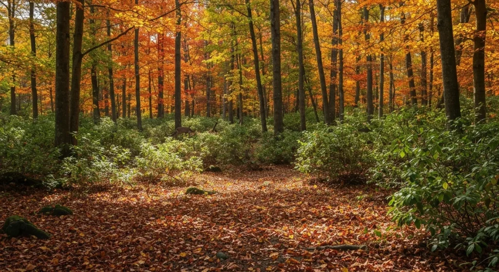 Peisaj autumnal într-o pădure temperată, cu copaci foioși multicolori și frunze căzute pe sol.