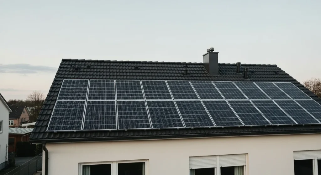 Panouri solare fotovoltaice montate pe acoperișul unei case rezidențiale.