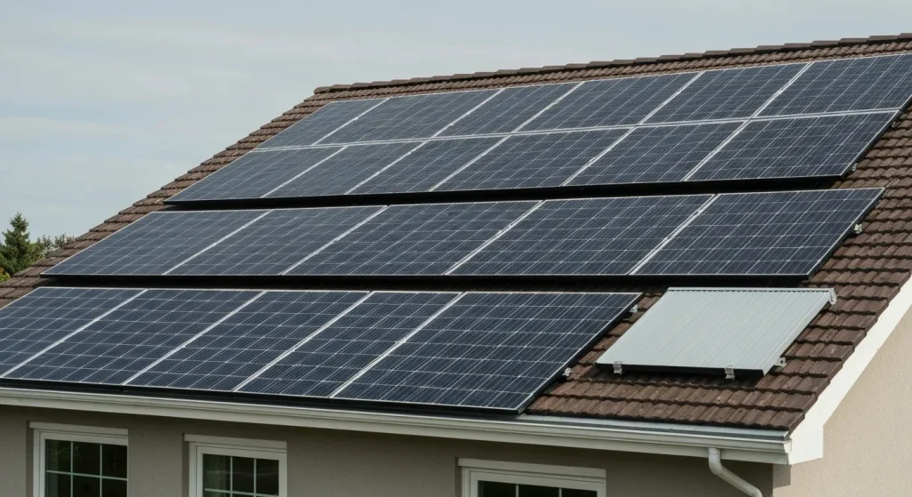 Panouri solare instalate pe acoperișul unei case, integrate estetic în arhitectura clădirii.
