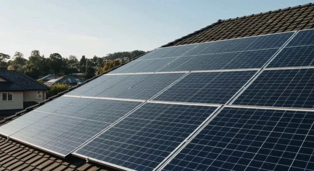 Panouri solare montate pe un acoperiș înclinat, fixate în siguranță cu șuruburi și sigilate pentru a preveni infiltrațiile.