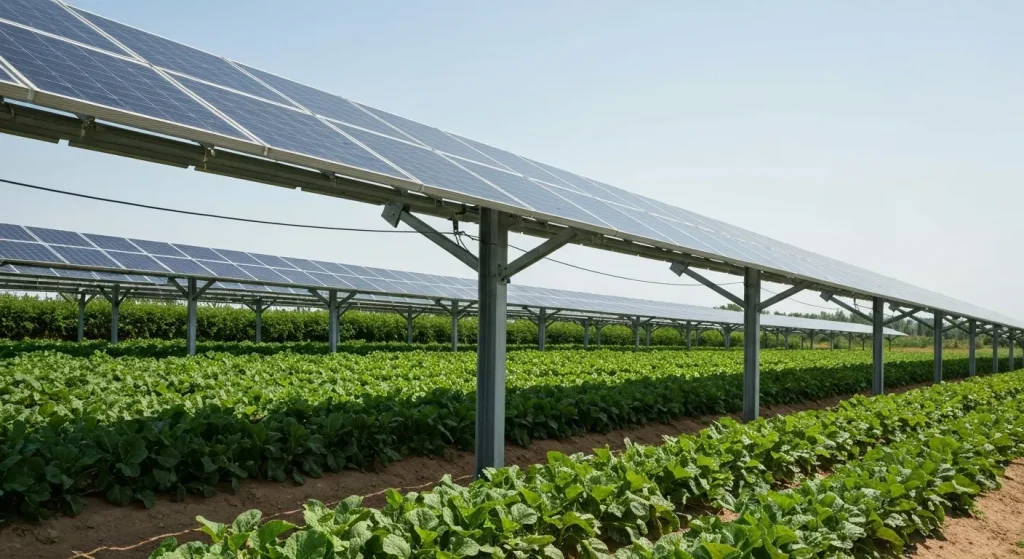 Panouri solare amplasate deasupra unor culturi, creând un sistem agrivoltaic.