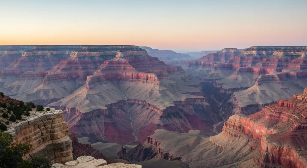 Vedere panoramică asupra Marelui Canion, arătând straturile de rocă, adâncimea și extinderea canionului până la râul Colorado.
