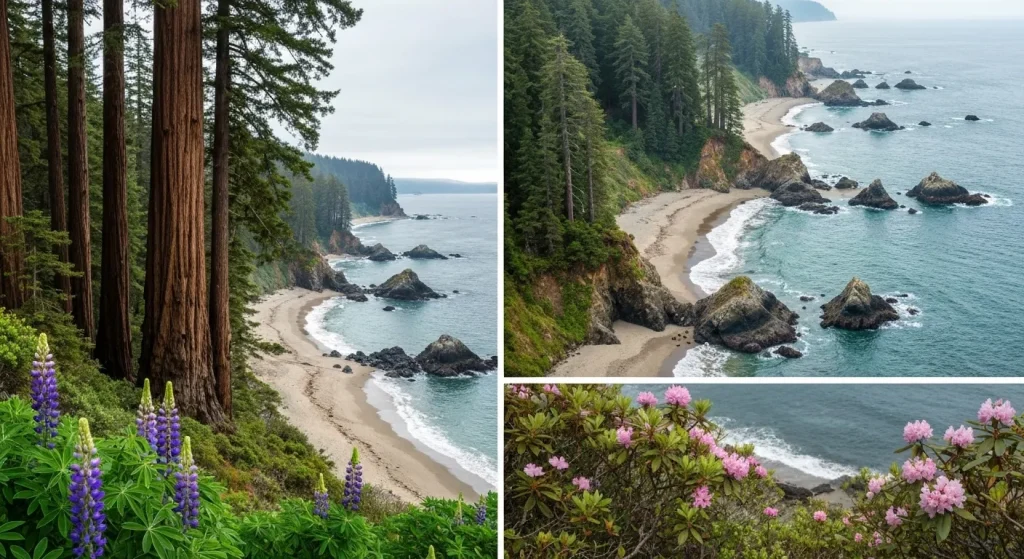 Un peisaj de coastă cu copaci înalți de sequoia, plajă nisipoasă și ocean.