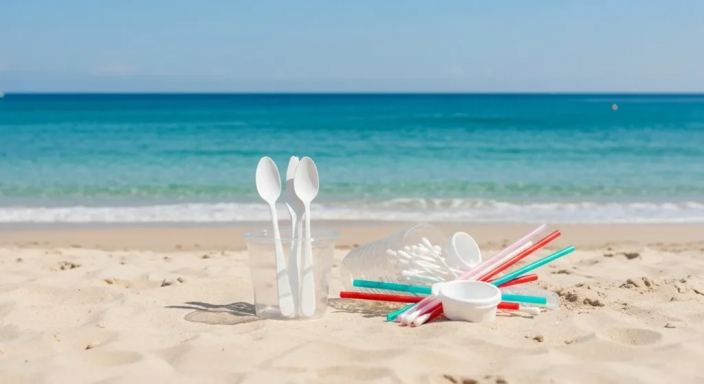 O imagine cu diverse obiecte din plastic de unică folosință (paie, tacâmuri, farfurii) aruncate pe o plajă, alături de un ocean curat în fundal.