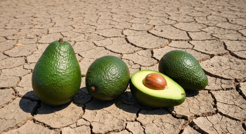 Trei avocado-uri mexicane pe un fundal cu un peisaj arid și sec.
