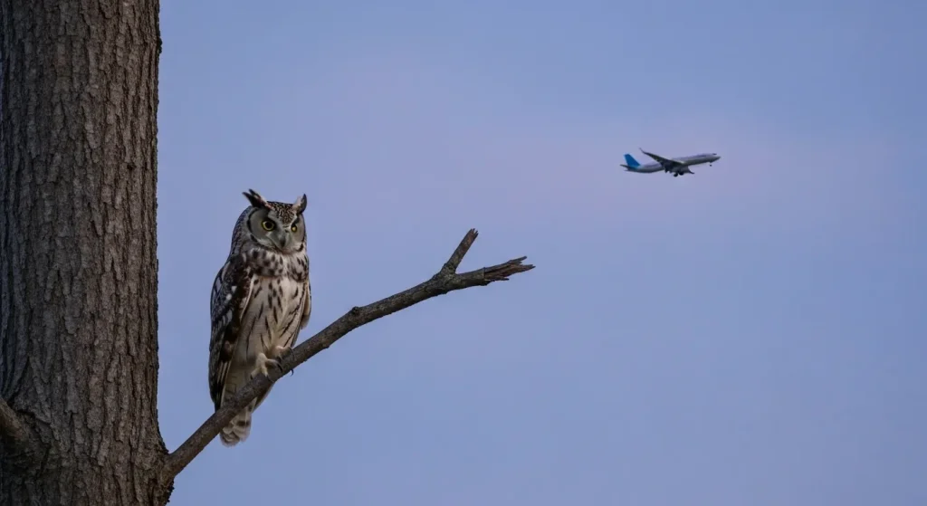 O bufniță mare cu coarne pe o ramură de copac, în timpul amurgului, cu un avion zburând în depărtare.
