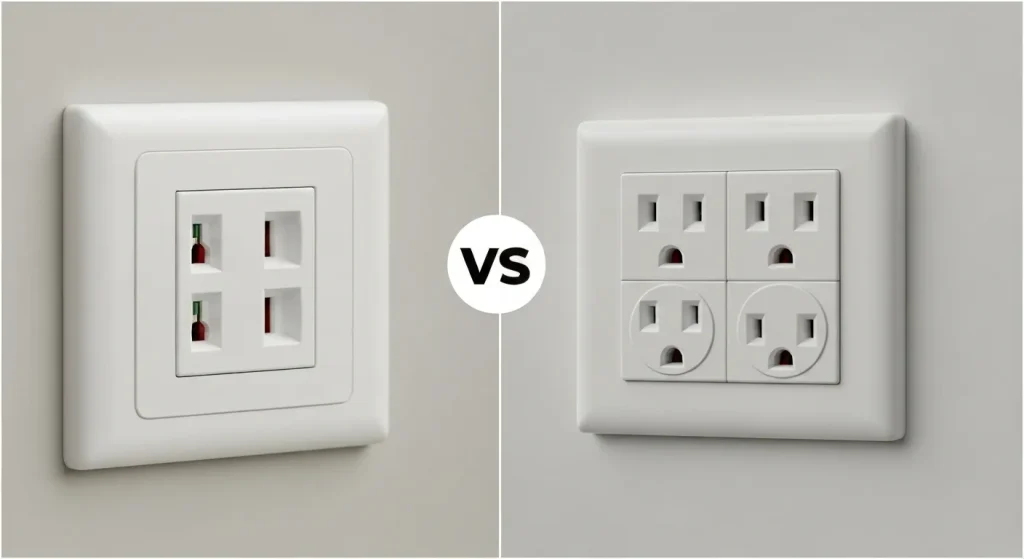 O imagine a unei prize de perete cu 12V DC, alături de o priză standard de 110V AC.