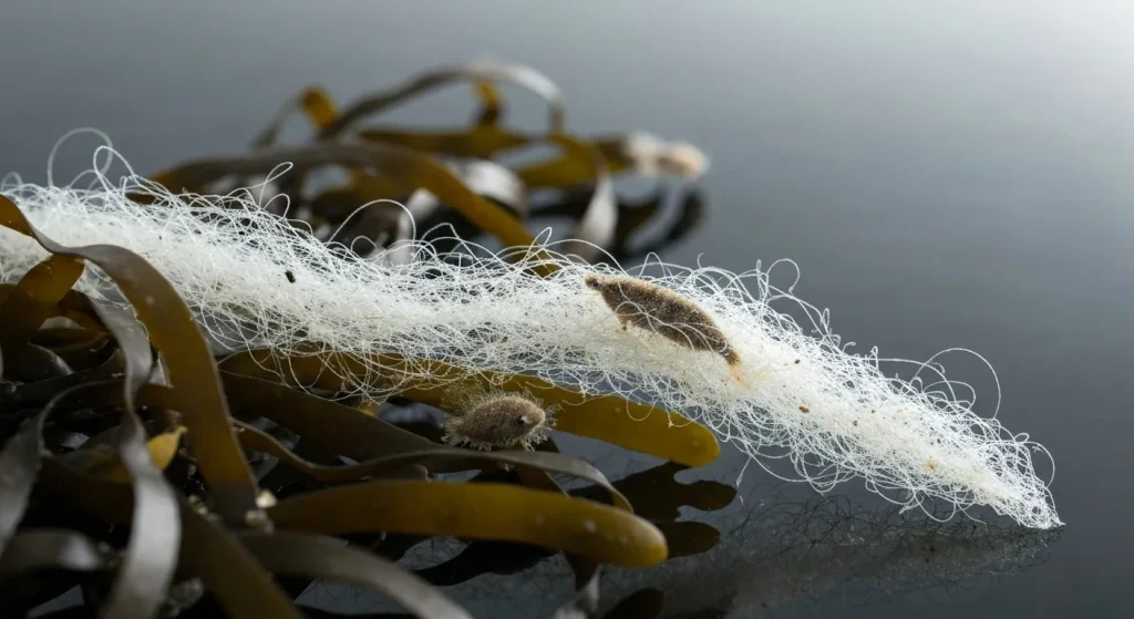 O imagine cu microfibre de plastic în apă, lângă organisme marine.
