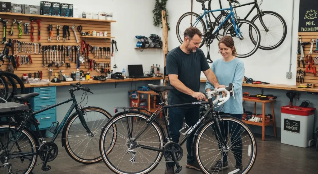 Un angajat al unui magazin local de biciclete consultă un client, cu biciclete și unelte vizibile în fundal.