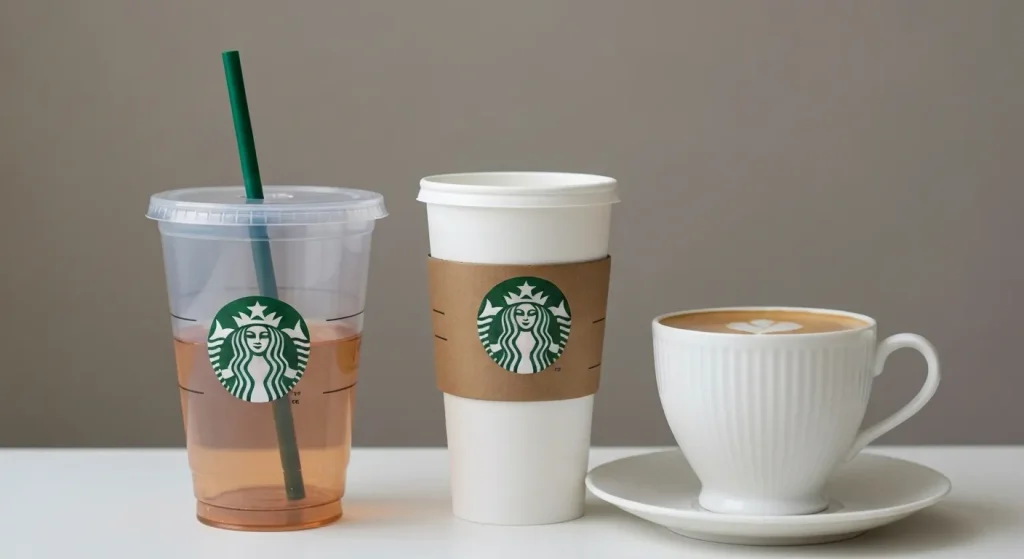 Un pahar Starbucks cu capac și pai integrat, alături de un pahar de porțelan tradițional.