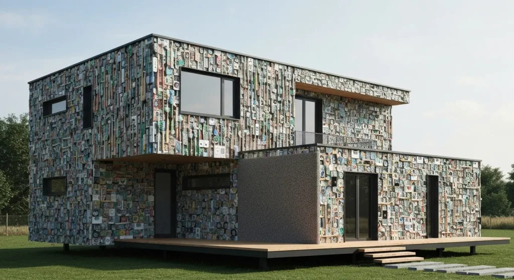 O casă modernă construită din materiale reciclate, cum ar fi periuțe de dinți, casete VHS și mochetă uzată.