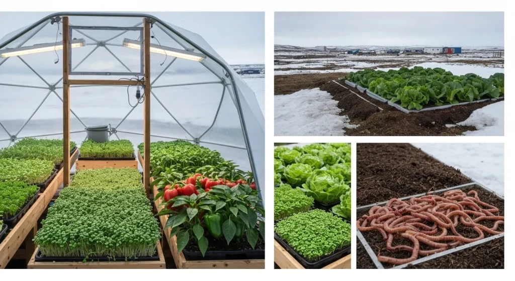 Seră geodezică în Arctica, cu plante verzi cultivate în interior, și un sistem de compostare.