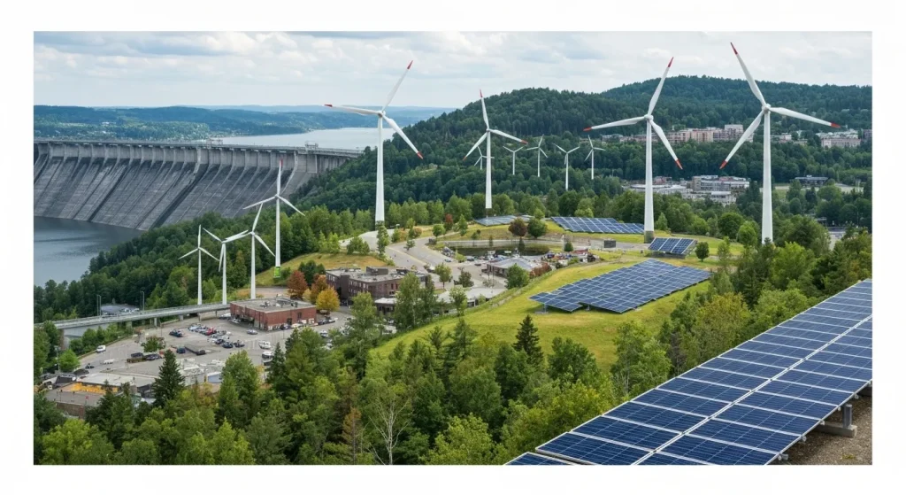 O imagine a unui oraș modern cu diverse surse de energie regenerabilă, cum ar fi panouri solare, turbine eoliene și instalații hidroelectrice.