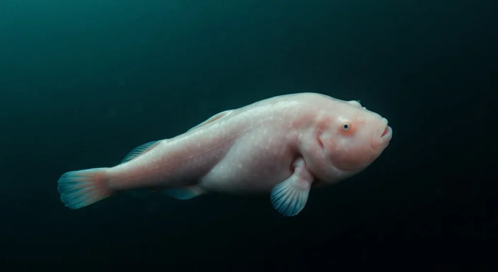 Un pește-blob gelatinos, de culoare pală, plutește pasiv în apele întunecate ale adâncului oceanului.