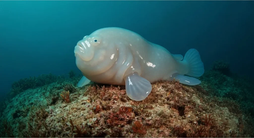 Un pește-blob gelatinous, cu o expresie ușor posomorâtă, pe fundul oceanului.
