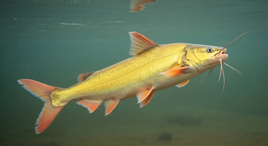 Un pește-pisică dorado înoată într-un râu, depășind o distanță vastă.