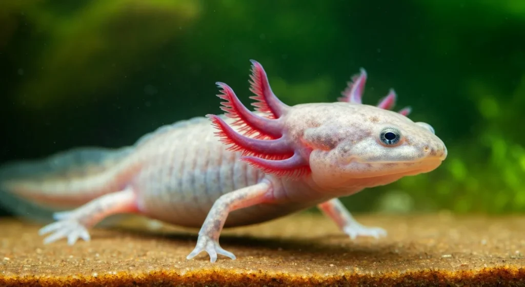 Un axolotl mexican (Ambystoma mexicanum), o specie pe cale de dispariție, în habitatul său acvatic.