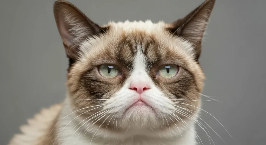 O fotografie a pisicii Grumpy Cat, cunoscută pentru expresia ei facială unică și morocănoasă.