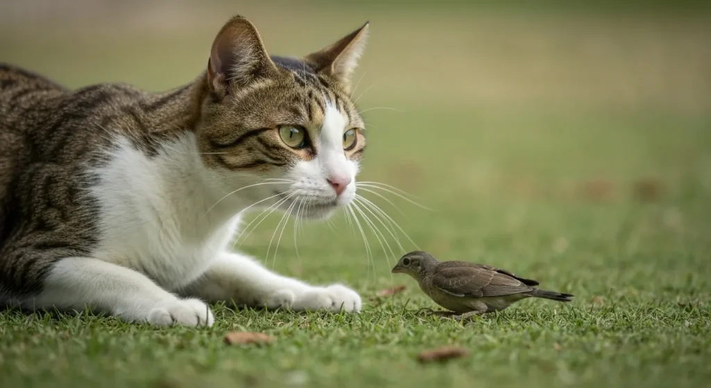 O pisică domestică în aer liber, cu o cameră video atașată la guler.