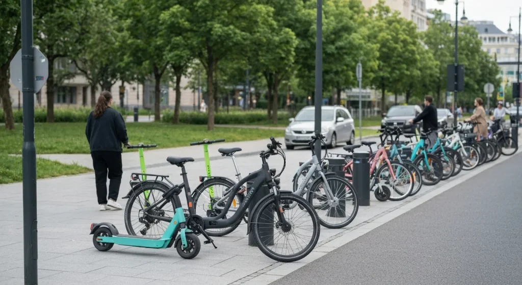 Biciclete și trotinete electrice parcate ordonat pe o trotuară urbană, cu spații verzi în fundal.