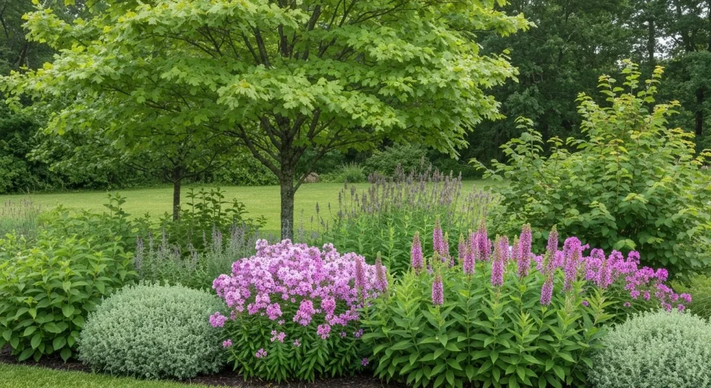 Grădină cu arbori și arbuști nativi, cum ar fi stejar Shumard, arțar de zahăr sudic, alun și viburnum arrowwood, și plante de acoperire a solului precum phlox și Asclepias tuberosa.