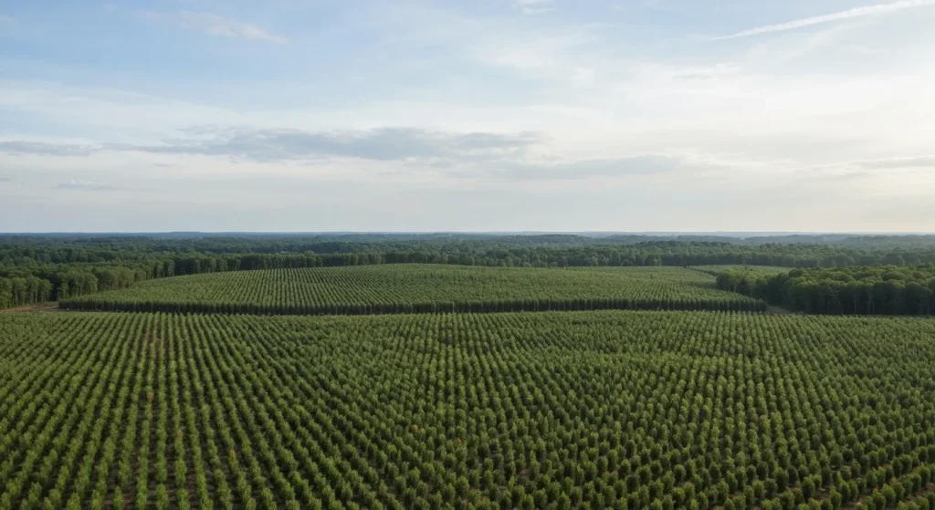 O imagine vastă a unei păduri plantate recent, cu mulți copaci tineri.