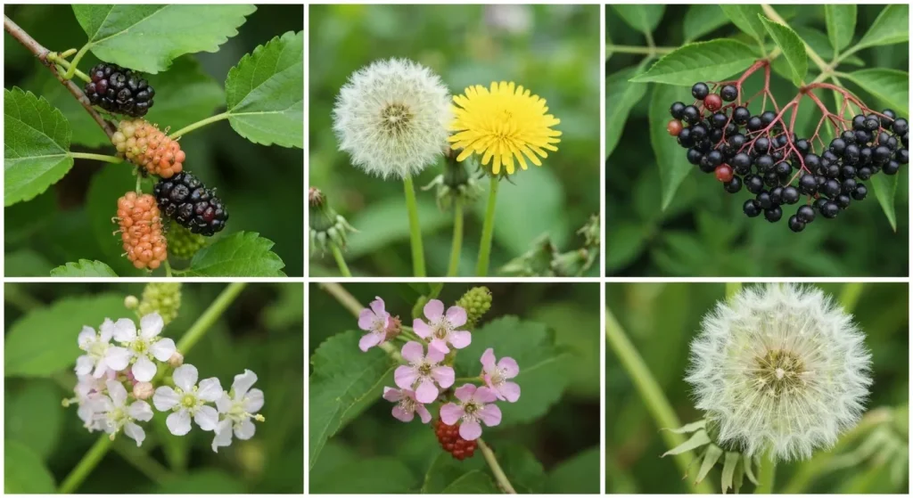 Diverse plante sălbatice comestibile și medicinale, arătate în detaliu în mediul lor natural.