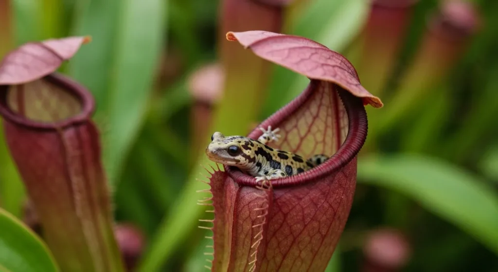 O plantă carnivoră purpurie (Sarracenia purpurea) cu o salamandră prinsă în interiorul ei.