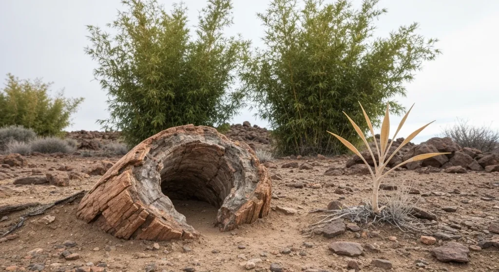 Un trunchi pietrificat de copac Araucarioxylon arizonicum, o plantă Cooksonia mică și plante înalte Calamites într-un peisaj stâncos.
