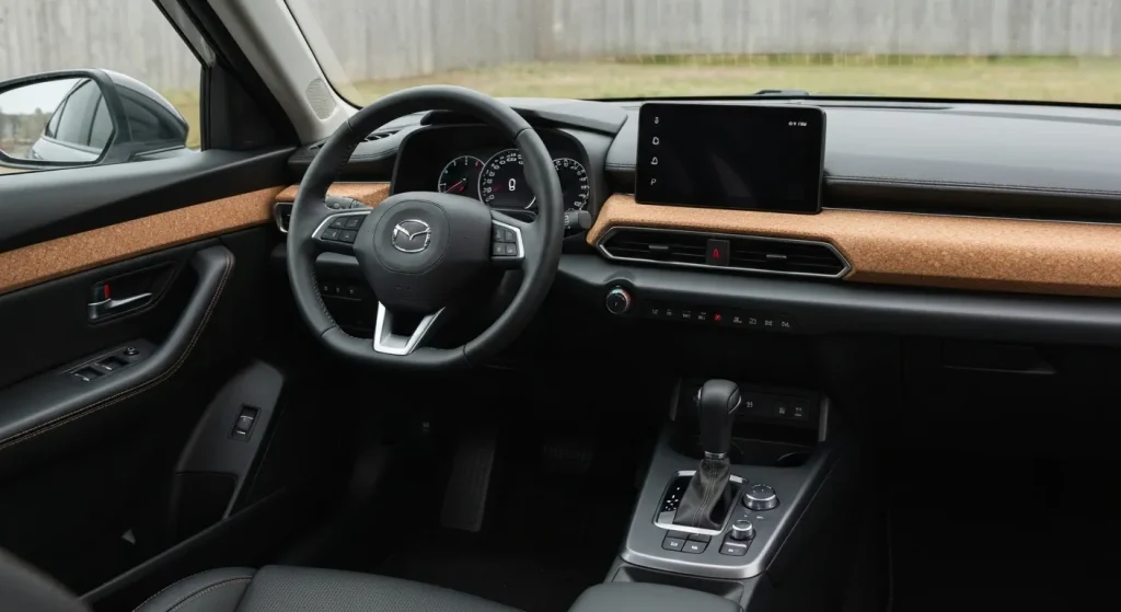 Interiorul unui automobil Mazda MX-30, evidențiind consola centrală din plută.