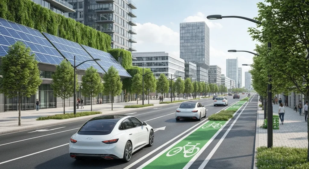 O imagine a unei străzi urbane moderne, cu vehicule electrice și piste de biciclete, ilustrând un viitor cu emisii zero.